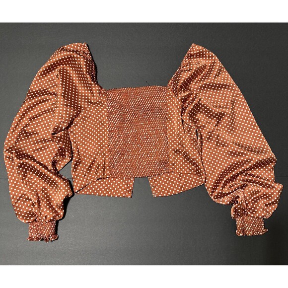 Rust Polka Dot Cropped Blouse Women Size Small Long Sleeve V-Neck Code X Mode - Picture 8 of 13